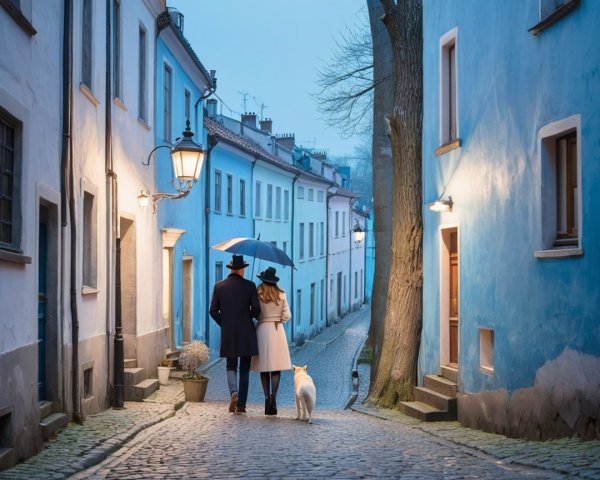 Couple Walking on Cobblestone Street with Dog