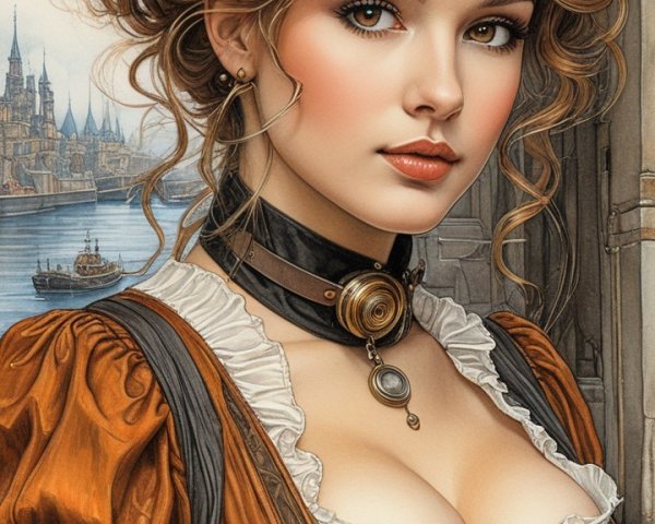 Young woman in steampunk outfit by waterfront city