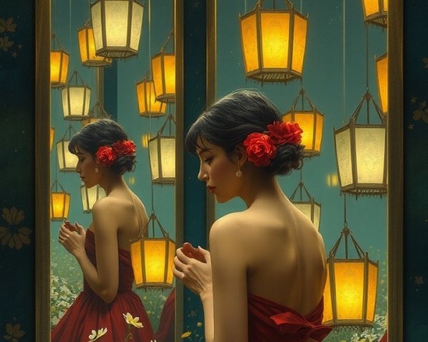 Woman in red dress among lanterns and flowers