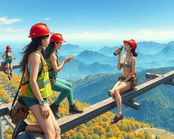 Women in hard hats on a steel beam in autumn landscape