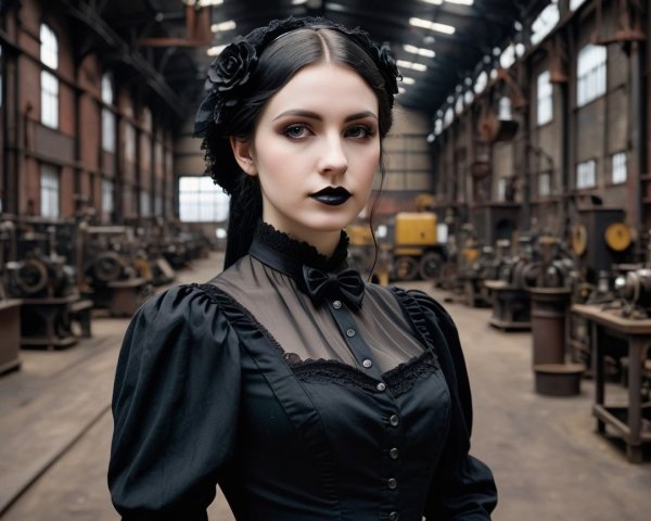 Young Woman in Vintage Gown in Industrial Setting