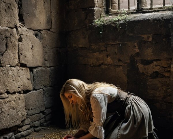 Medieval Woman Kneeling in Dimly Lit Stone Chamber