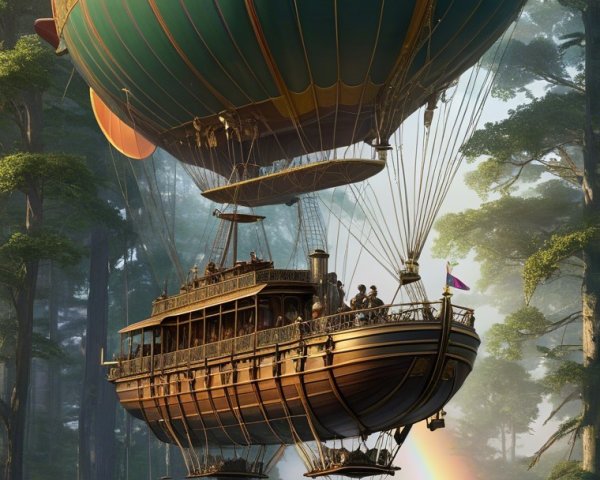 Steampunk Airship Above Lush Green Forest Landscape