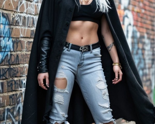 Confident Figure in Black Cape Against Graffiti Wall