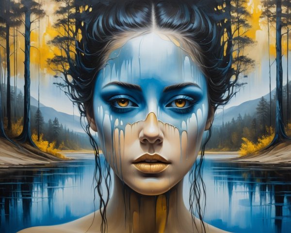 Portrait of a Woman with Blue Face and Golden Eyes