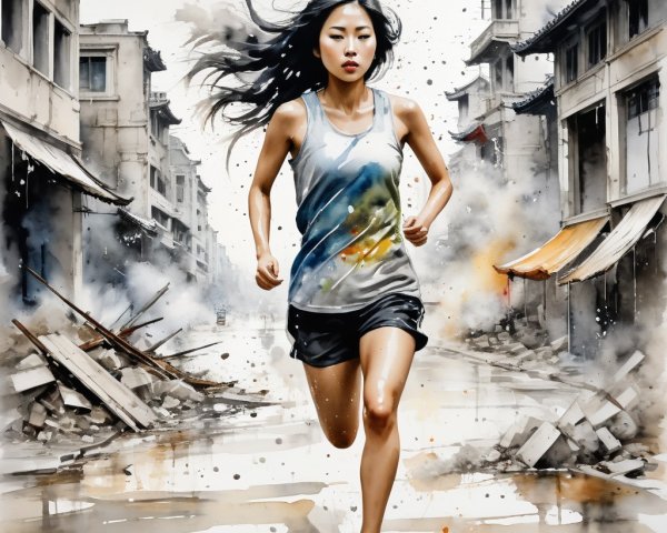 Young Woman Sprinting in Desolate Urban Landscape
