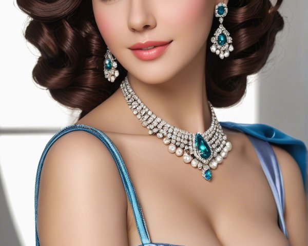 Elegant Woman in Blue Satin Gown with Jewelry