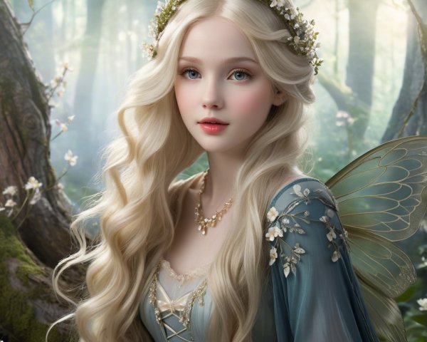 Serene fairy with floral crown in a lush forest
