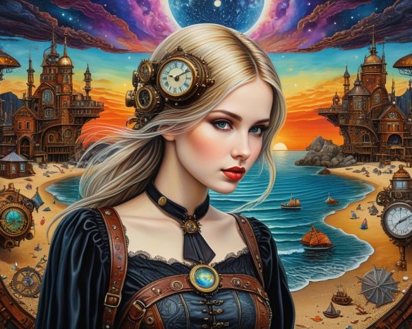 Steampunk Woman in Fantasy Landscape at Sunset