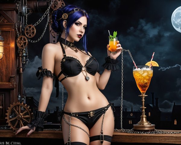 Steampunk-Inspired Woman with Cocktail and Gears