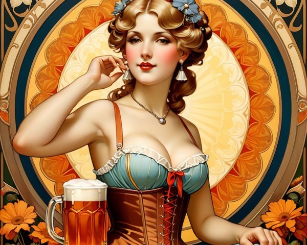 Vintage Portrait of Woman in Corset with Beer