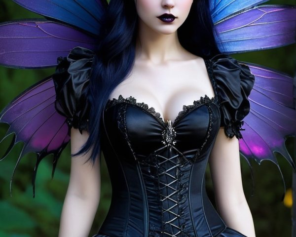 Elegant figure with purple and blue wings in nature
