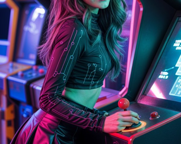 Young Woman in Stylish Outfit at Vintage Arcade