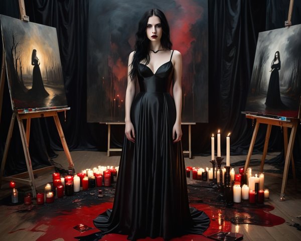 Gothic Scene with Woman in Black Gown and Candles