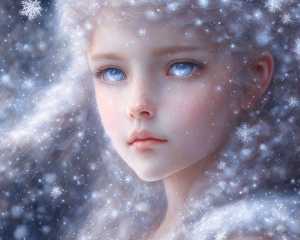 Serene girl in swirling snowfall with striking features