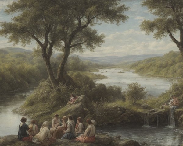 Landscape Painting of People by a River with Trees