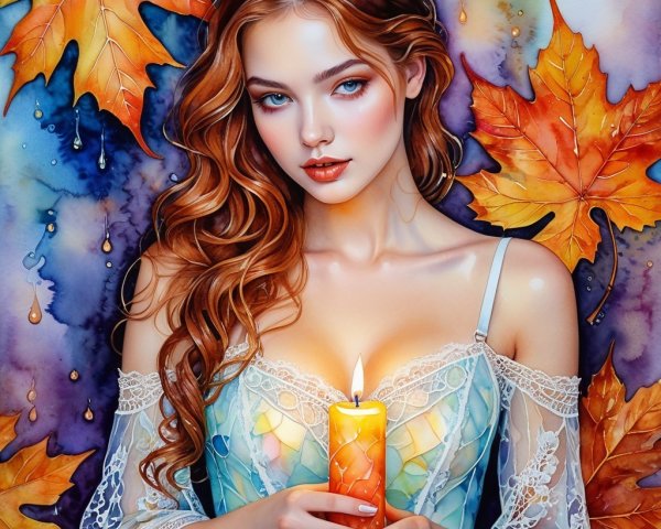 Young Woman with Candle Surrounded by Autumn Leaves