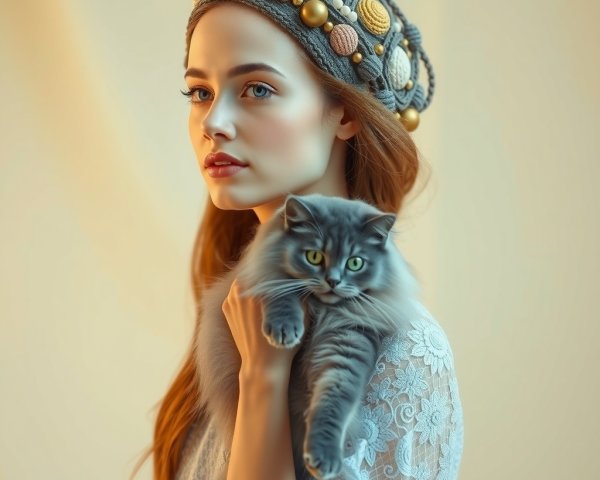 Young woman in hat holding a gray cat in soft setting