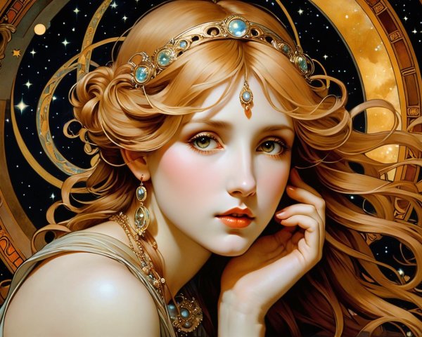 Detailed Portrait of a Young Woman with Celestial Background