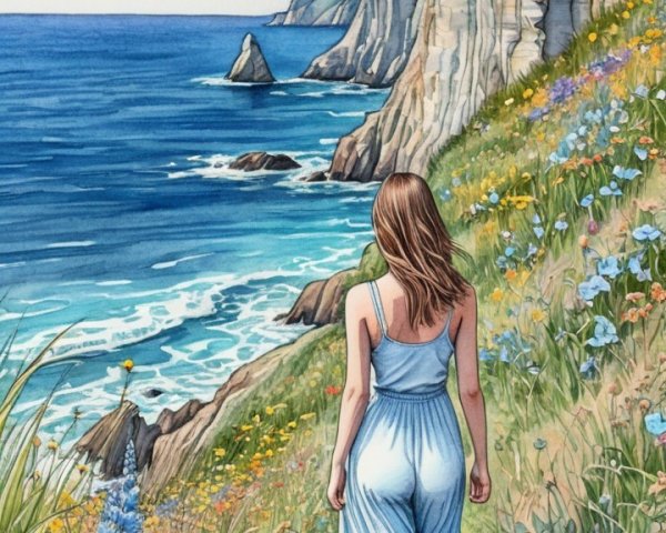 Coastal Scene with Woman in Blue Dress and Cliffs