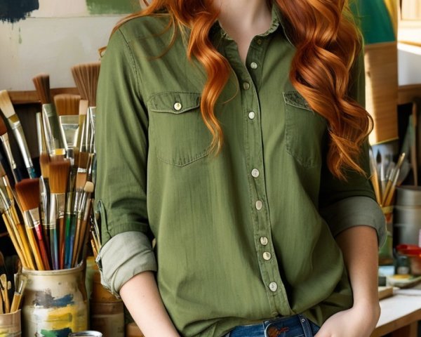 Young Woman in Art Studio with Colorful Paints