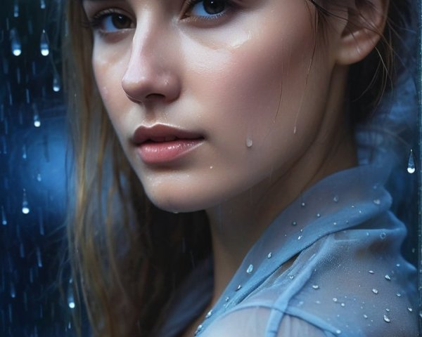 Close-Up Portrait of Young Woman in Rainy Backdrop