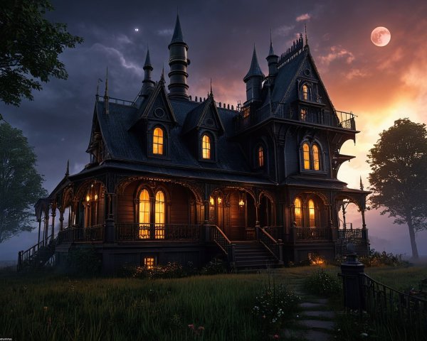 Victorian Mansion at Dusk with Lush Surroundings