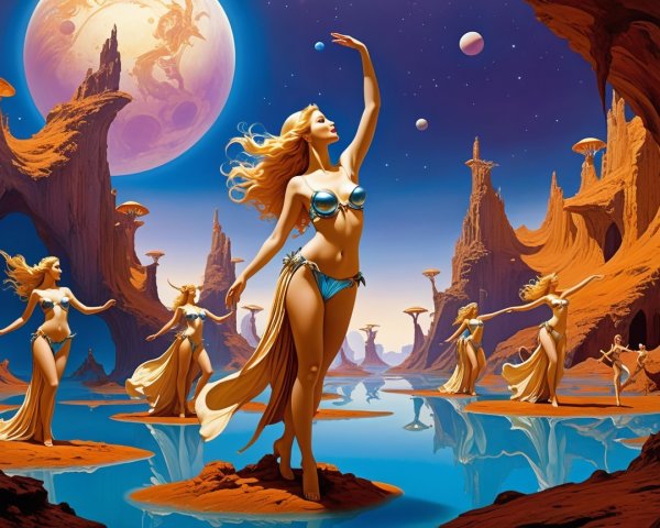 Ethereal Women Dancing in Surreal Alien Landscape