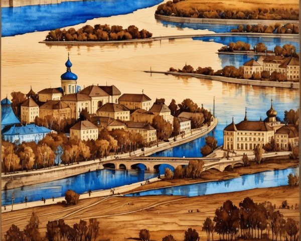 Serene River Landscape with Quaint Town Architecture