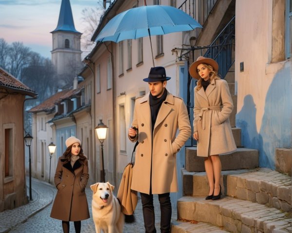 Twilight Scene with Elegantly Dressed Individuals and Dog