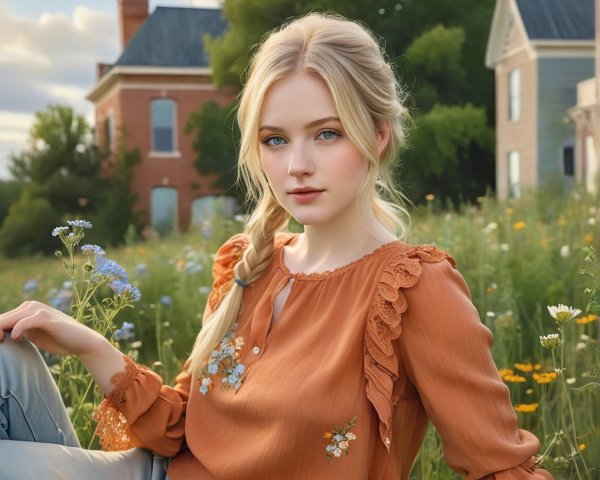 Young Woman in Floral Field with Vintage Countryside