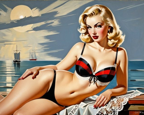 Glamorous Pin-Up Girl by Moonlit Sea in Bikini