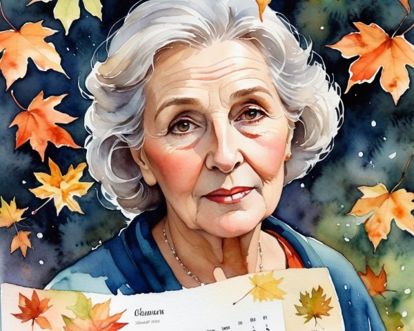 Elderly Woman Surrounded by Autumn Leaves and Calendar