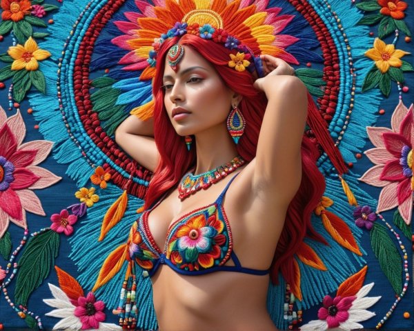 Woman in Blue Bikini Against Colorful Embroidery Background