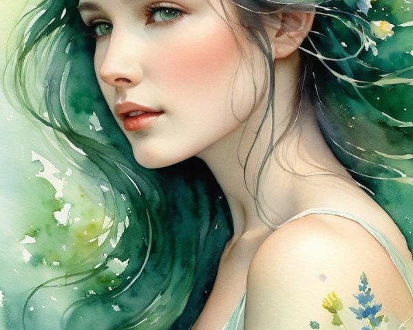Portrait of a woman with green hair and floral crown