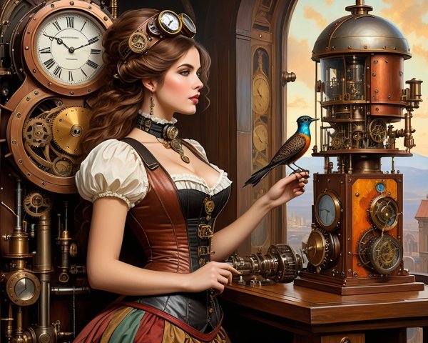 Steampunk Woman in Intricate Mechanical Room