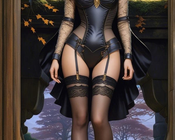 Woman in Elegant Black Ensemble in Autumn Setting