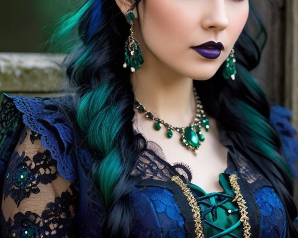 Young Woman in Elegant Dark Gown with Emerald Eyes