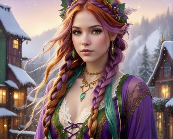Young woman in purple dress in snowy village setting