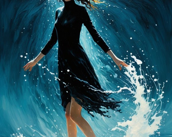 Girl in flowing black dress amid ocean waves
