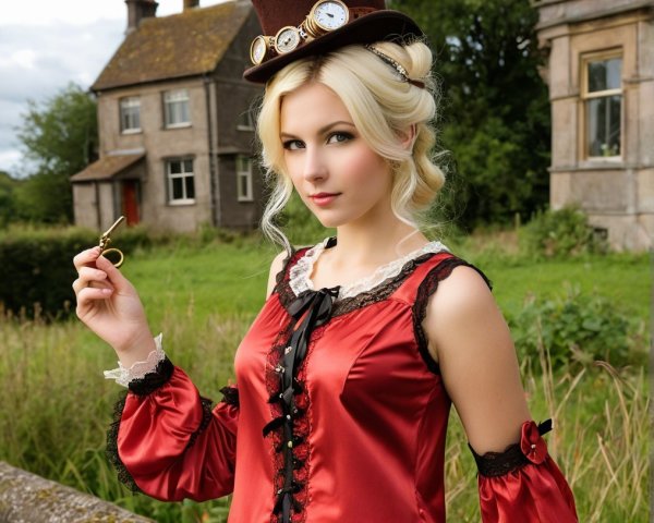 Young Woman in Red Blouse with Vintage Hat Outdoors