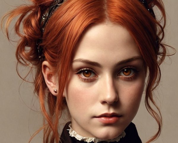 Elegant Young Woman with Curly Auburn Hair and Vintage Style