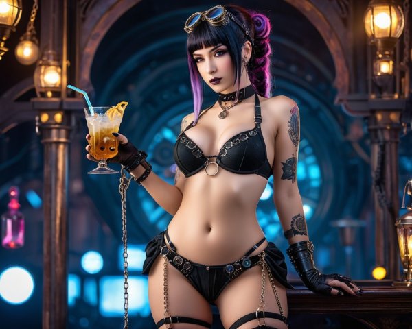 Stylish Figure in Black Lingerie at Dimly Lit Bar
