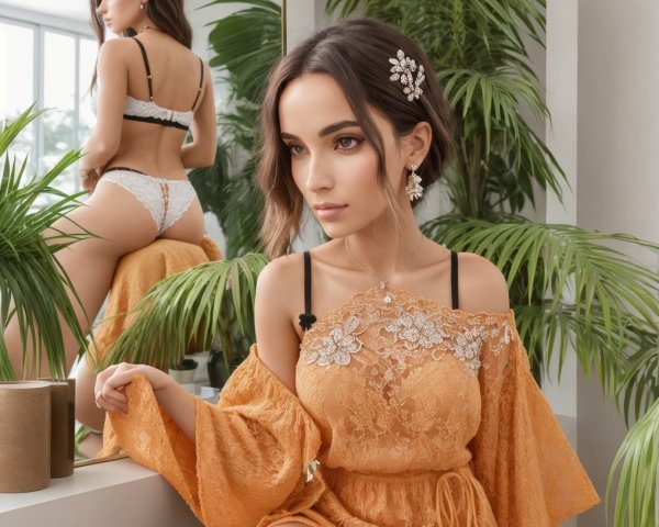 Woman in Orange Lace Outfit in Bright Room