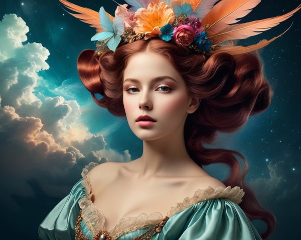 Young woman with red curls in turquoise gown against stars