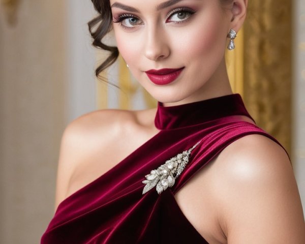 Elegant woman in burgundy gown with silver embroidery