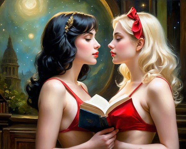 Two Women with Contrasting Hair in Celestial Scene