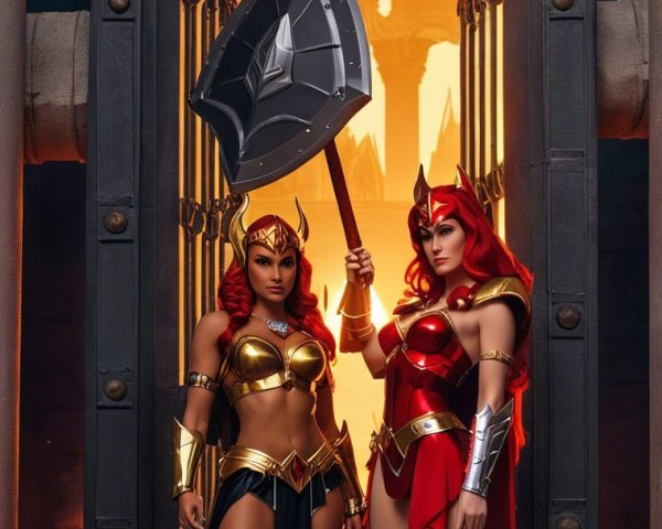 Powerful Female Warriors in Fiery Grand Setting