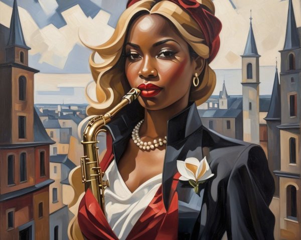 Portrait of a Confident Woman with Saxophone and Towers