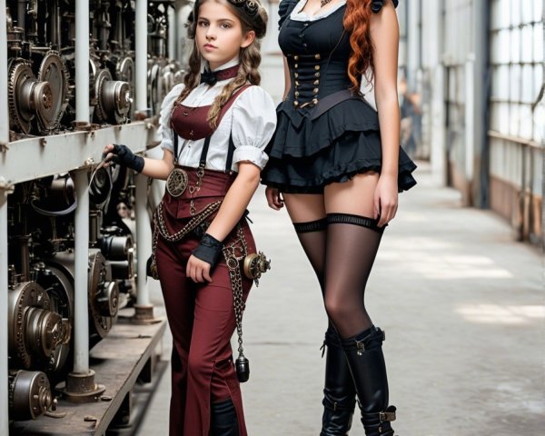 Women in Vintage Industrial Fashion with Steampunk Elements